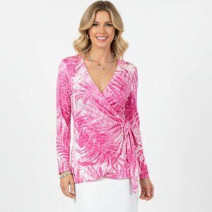 Bylyse 100% Linen Pink & White Print Wrap Mini Long Sleeve Tunic Top NEW S